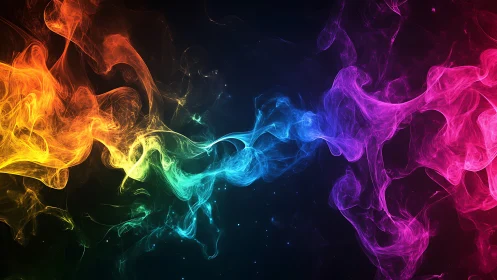 Color spectrum smoke streams converge on dark background