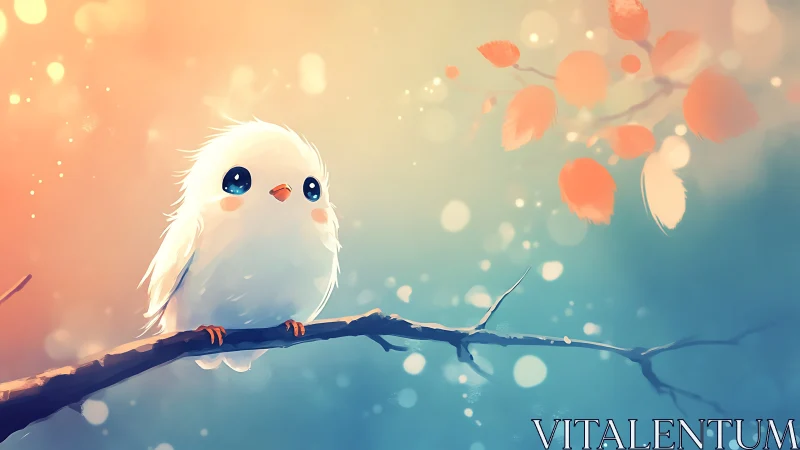 Cute white bird on branch in dreamy pastel digital art style.