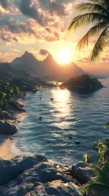 Tropical Paradise Sunset: Golden Hour Seascape with Volcanic Peaks.