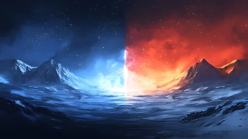 Frozen ember horizon where fire and starlit ice collide.