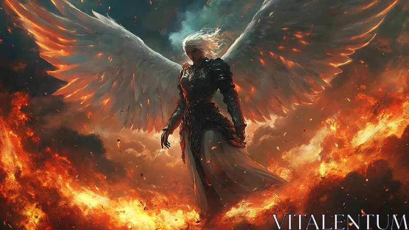 Digital painting of armored seraph amid apocalyptic firestorm.