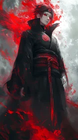 Crimson energy swirls around a calm anime warrior figure