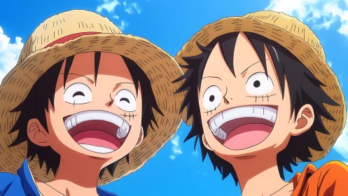 Smiling anime boys in straw hats under clear sky.
