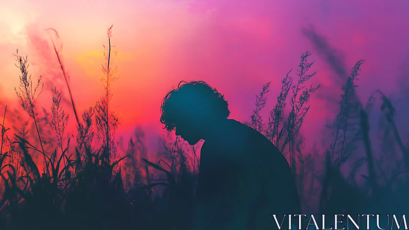 Silhouetted figure in neon-gradient dusk field environment.