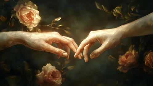 Two Hands Nearly Touching Among Luminous Roses: Chiaroscuro Study.