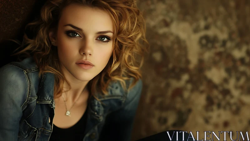 Soft-lit gaze in denim against weathered urban wall.