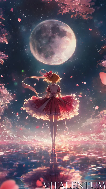 Backlit anime girl observes full moon over reflective water