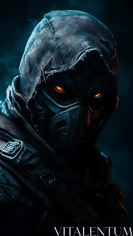 Hooded cyber-assassin renders intense glowing gaze in profile