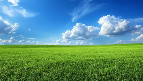 Extensive grass field meets clouded blue sky on horizon line