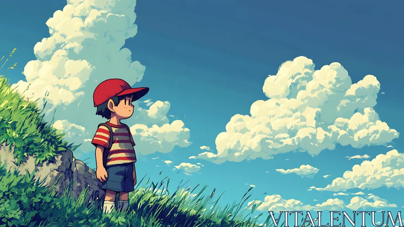 Boy in striped shirt gazes over grassy hill under clouds.