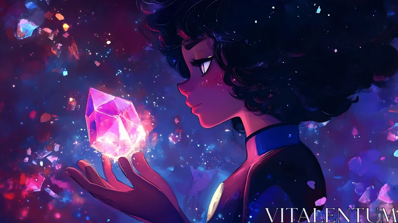 Girl holds glowing crystal in vibrant cosmic colors.