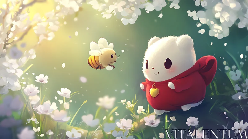 Soft-lit chibi animal and bee interaction in floral meadow scene
