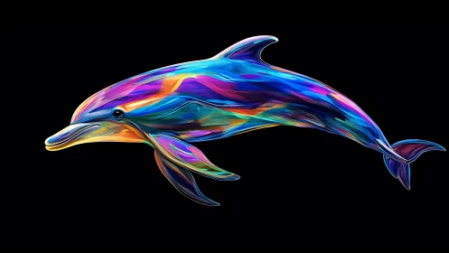 Luminous rainbow dolphin gliding through a midnight sea.