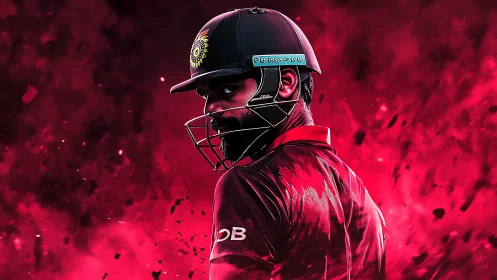 Cricket batter in helmet against intense red background.