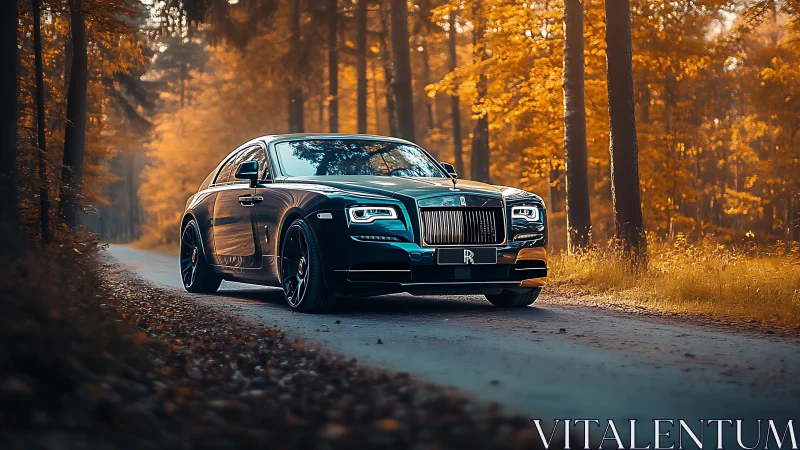 Luxury coupe glides through sunlit autumn forest road.