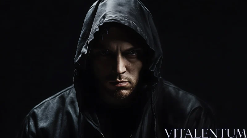Man in dark hooded jacket with intense shadowed stare.