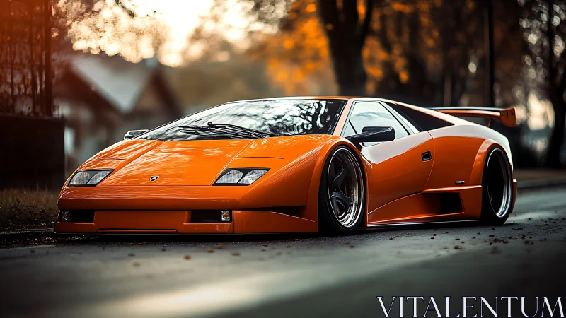 Low-slung orange supercar under warm autumn street bokeh.