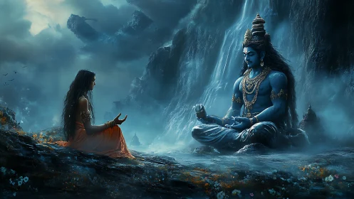 Mystical mountain dialogue unfolds before a seated blue deity