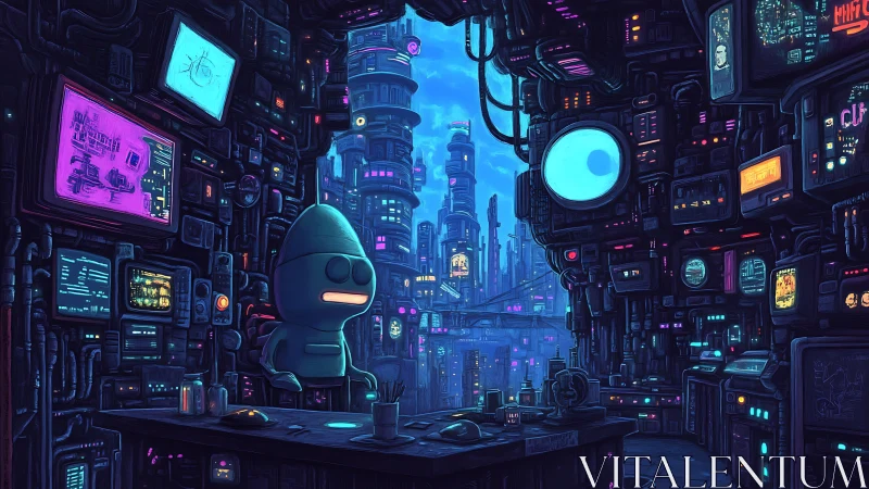 Robot overseer studies neon cyberpunk city from cluttered lab.