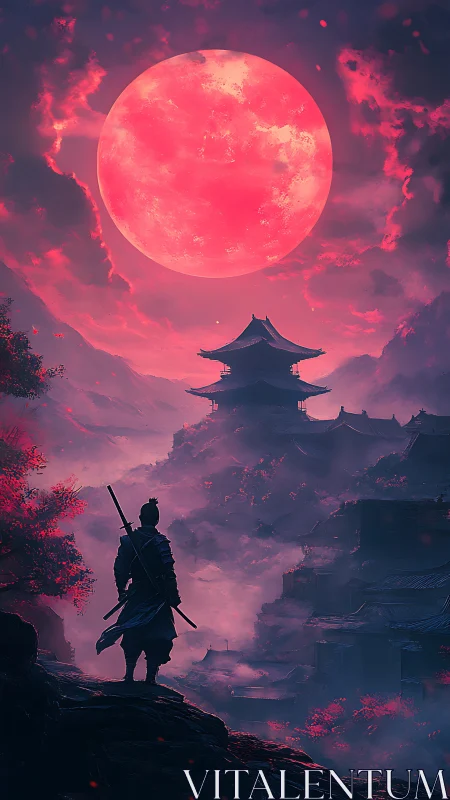 Samurai watches crimson supermoon over misty pagoda valley.