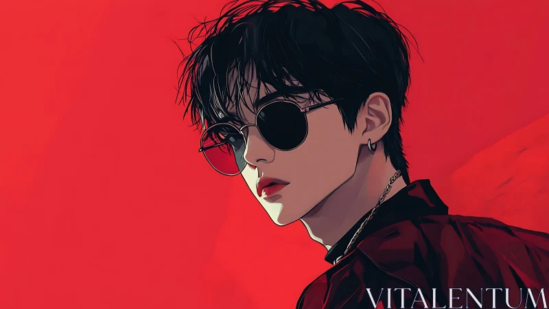 Cool sunglasses and bold style against vivid red backdrop.