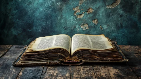 Timeworn pages breathe softly under peeling turquoise walls