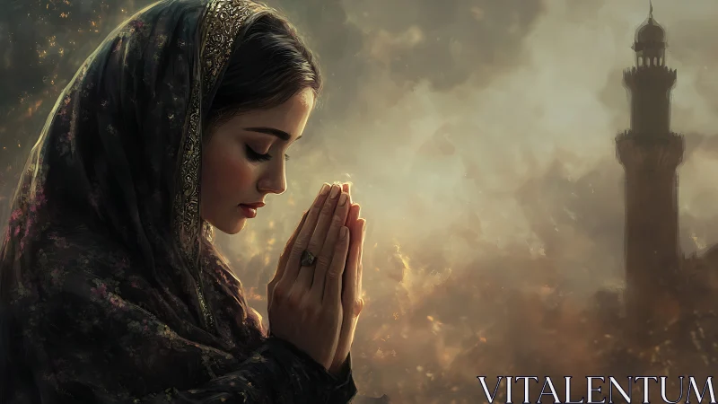 Gentle dusk prayers beside a distant, misty minaret.