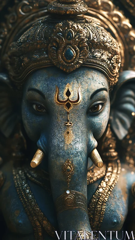 Blue elephant deity sculpture shows ornate golden detailing