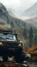 Off road utility vehicle on rocky track in misty mountains.