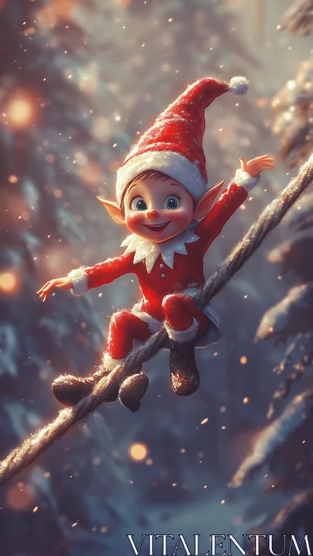 Joyful Christmas elf swinging through snowy forest rope.