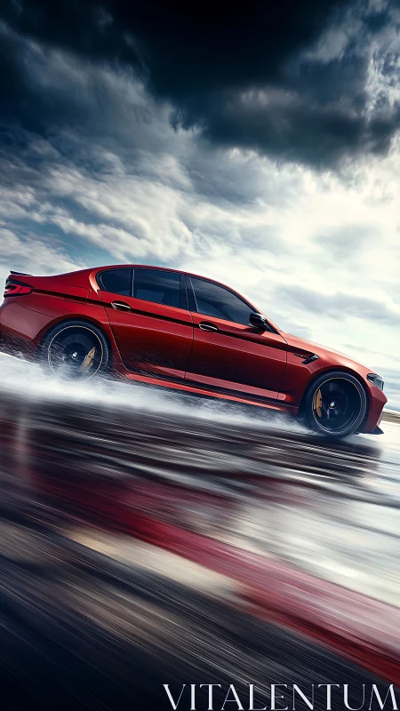 Crimson sports sedan slicing through stormy racetrack rain.