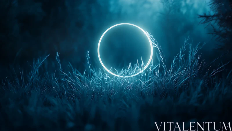 Luminous neon ring hovers in misty blue nocturnal grassland