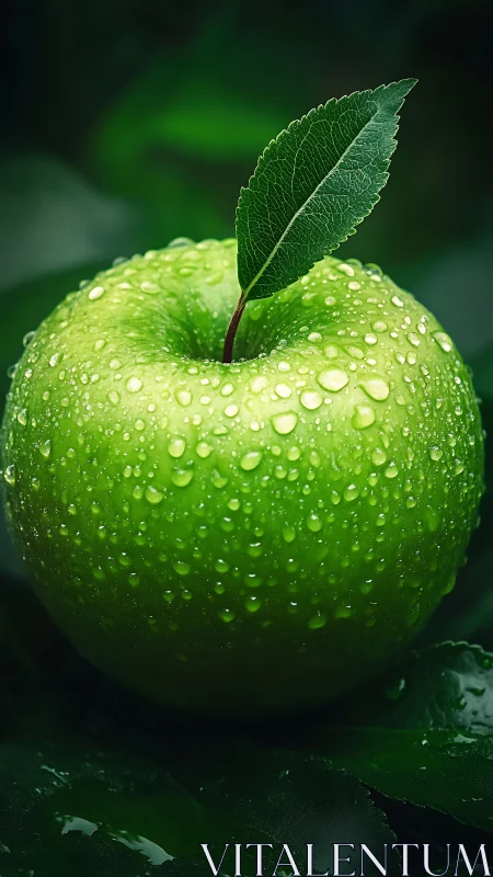 Close-up green apple with water droplets on dark leaves.