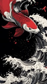 Dynamic red koi carp leaping above stylized monochrome waves