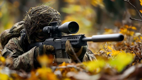 Sniper in Ghillie Suit with Scoped Rifle.