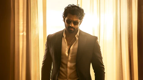 Stylish man in suit and sunglasses framed by warm curtains.