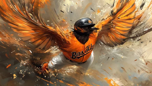 Hybrid bird-baseball figure moves forward with extended wings