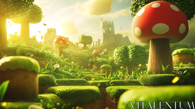 Whimsical 3D fantasy meadow with giant red mushrooms.