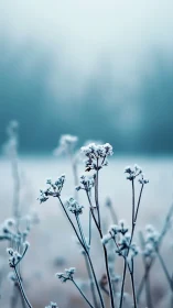 Frost-Covered Plant Stems in Winter Landscape.