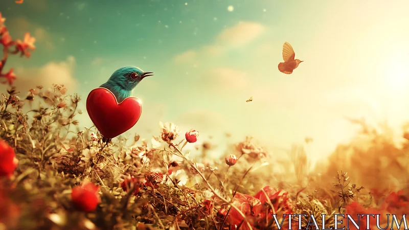 Turquoise hummingbird holds red heart among wildflower field.