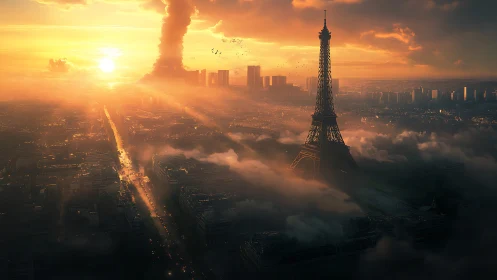Dramatic sunset over Paris skyline and Eiffel Tower.