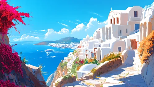Sunlit cliffside village above vivid turquoise seascape.