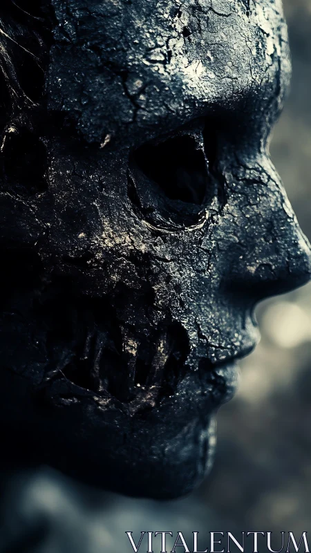 Charred stone visage whispers from the twilight silence