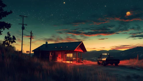 Lone roadside cabin glowing under star-filled twilight sky.