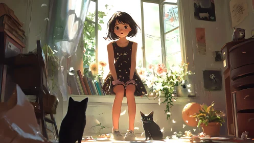 Sunlit girl and curious cats share a gentle afternoon moment