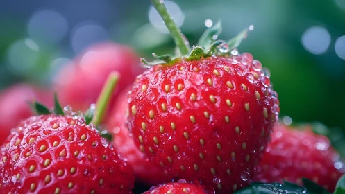Fresh ripe strawberries covered in water droplets close up