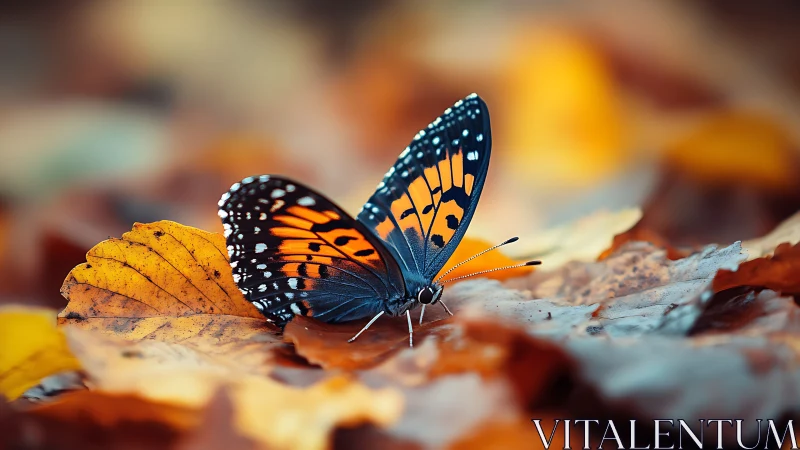 Macro autumn butterfly study on layered fallen foliage.