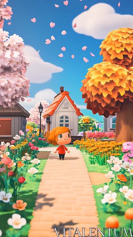 Procedural cottage garden scene with stylized villager avatar.