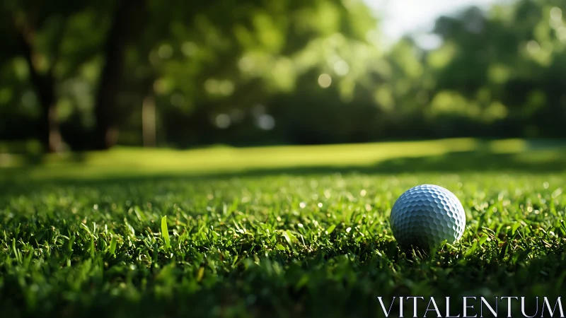 Quiet tee-time moment with a sunlit golf ball on grass.