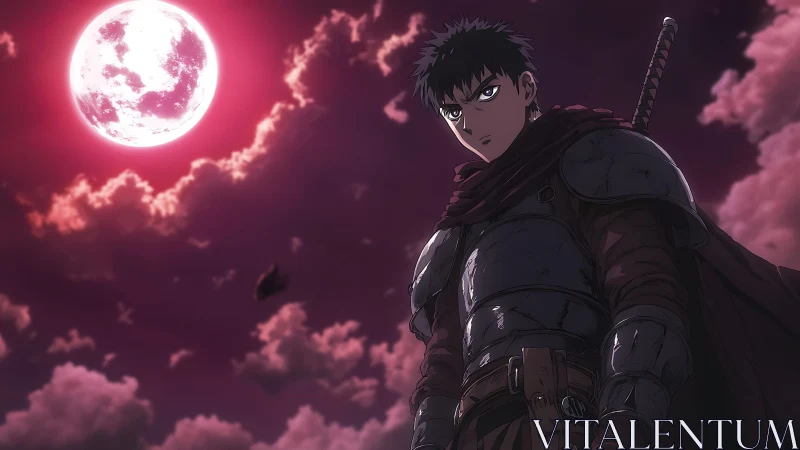 Anime warrior under crimson moon with dramatic chiaroscuro framing.